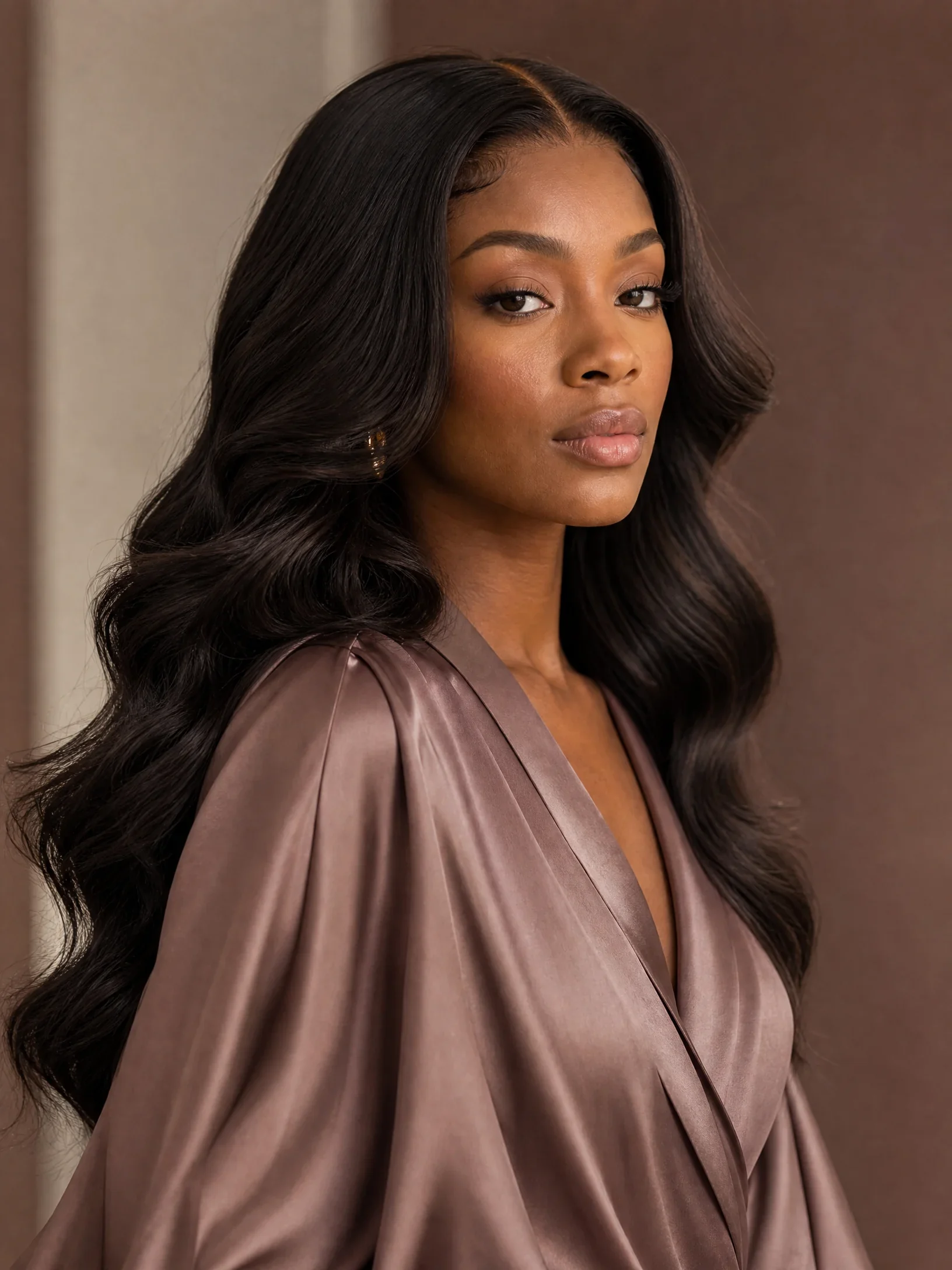 Model wearing a polished body wave lace front hairstyle