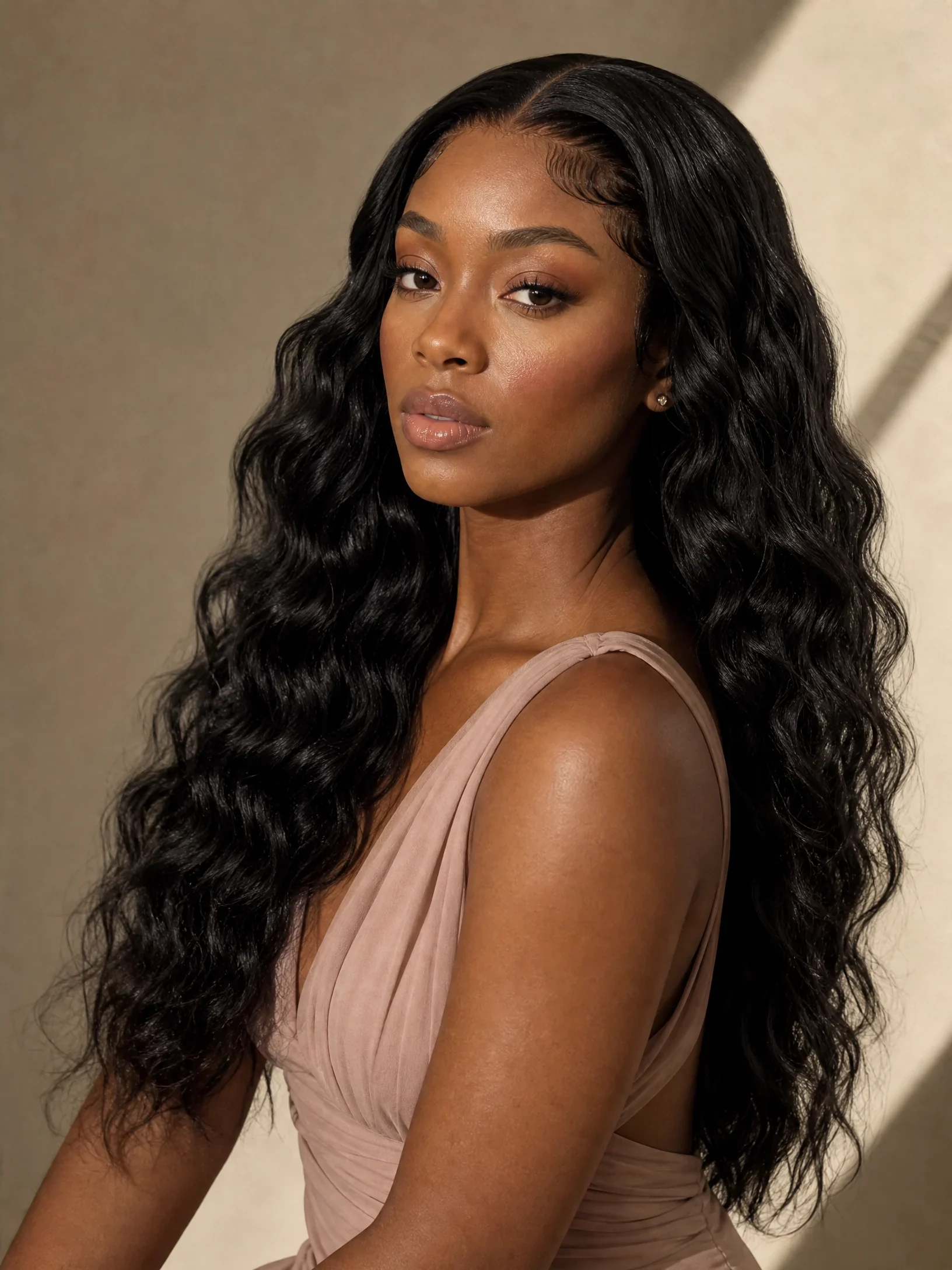 Close-up editorial portrait showing deep wave texture
