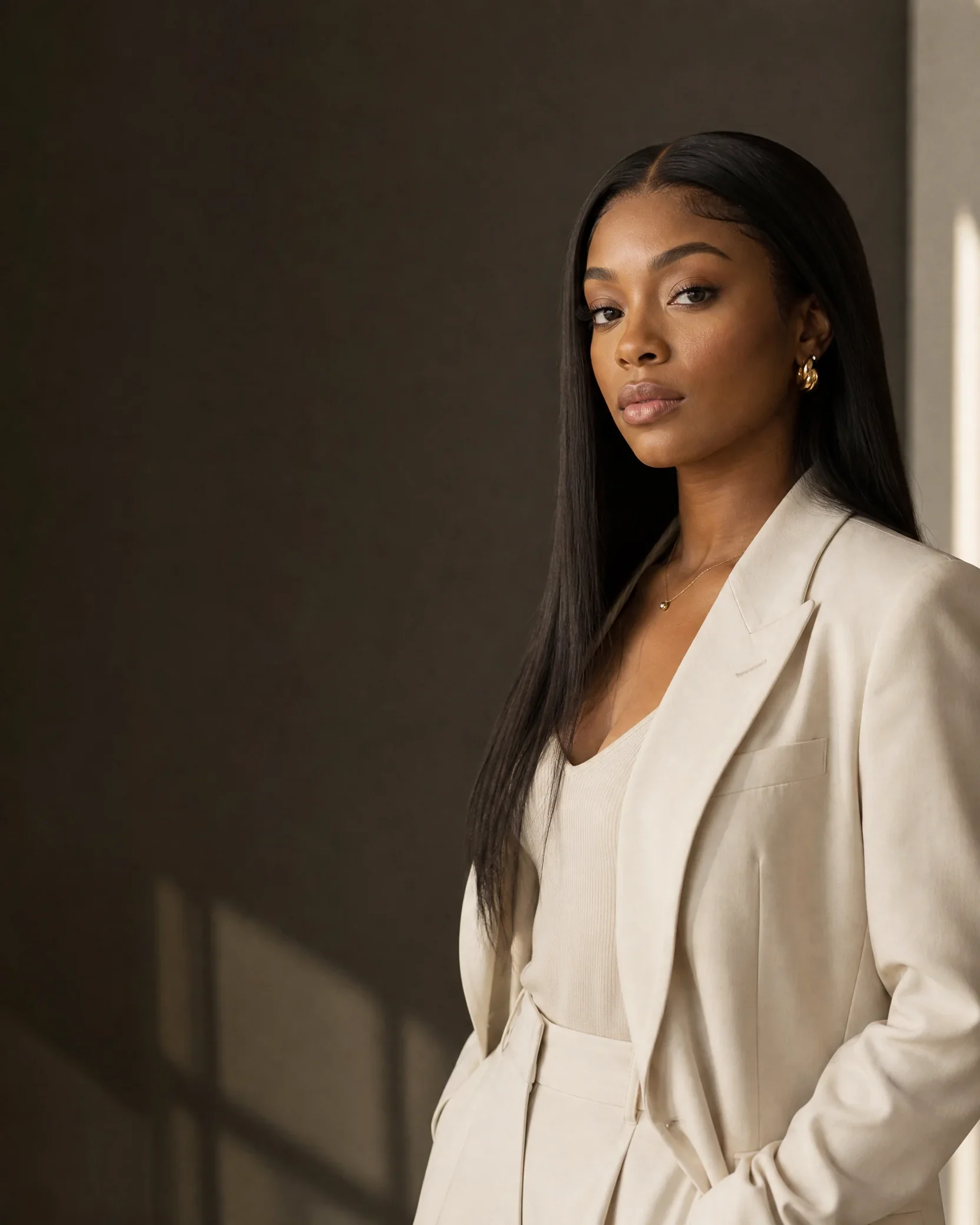 Model wearing a sleek silk-straight hairstyle in a warm editorial studio